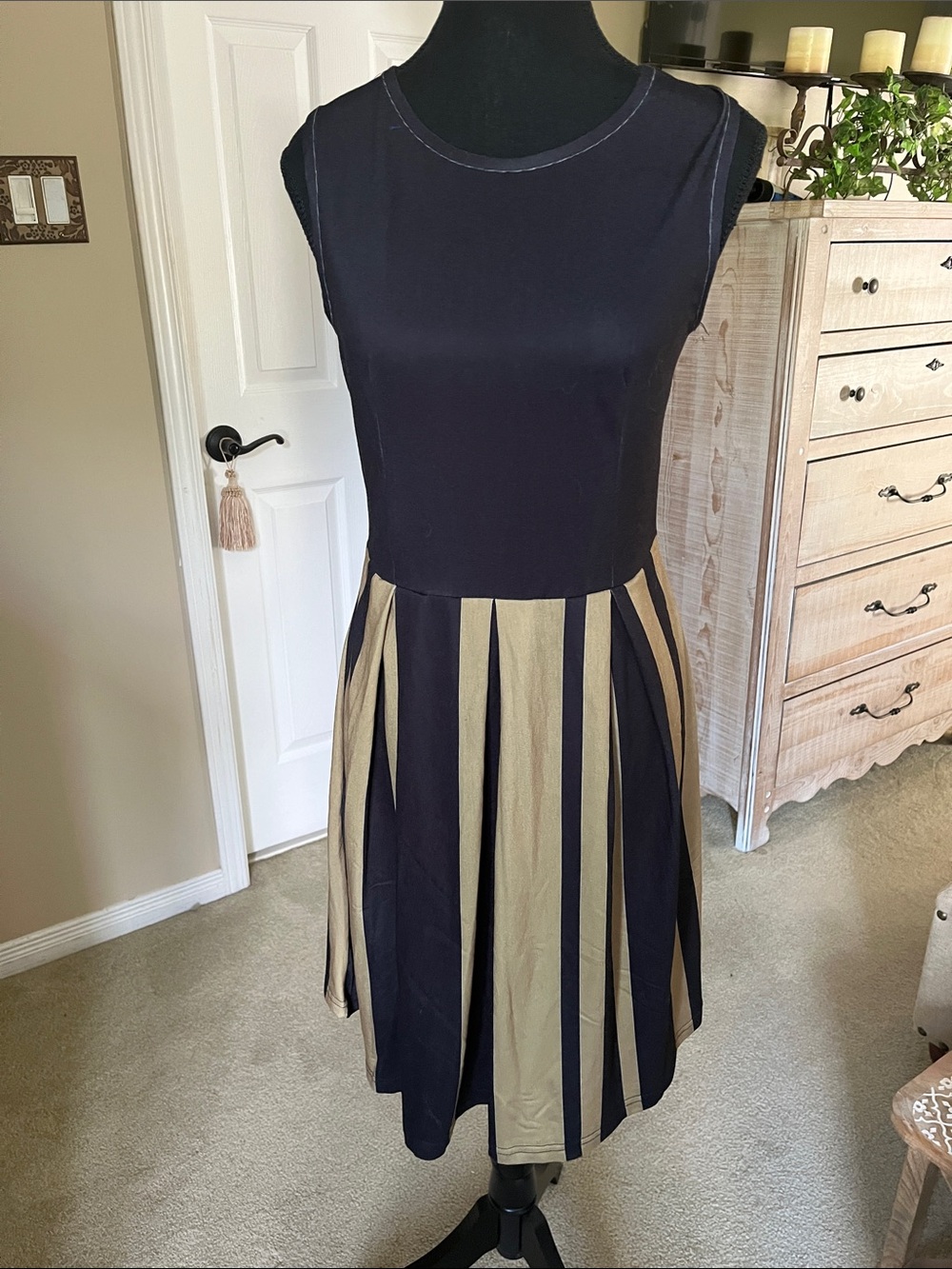 Lily Black Bodice with Tan and Black Striped Midi Dress